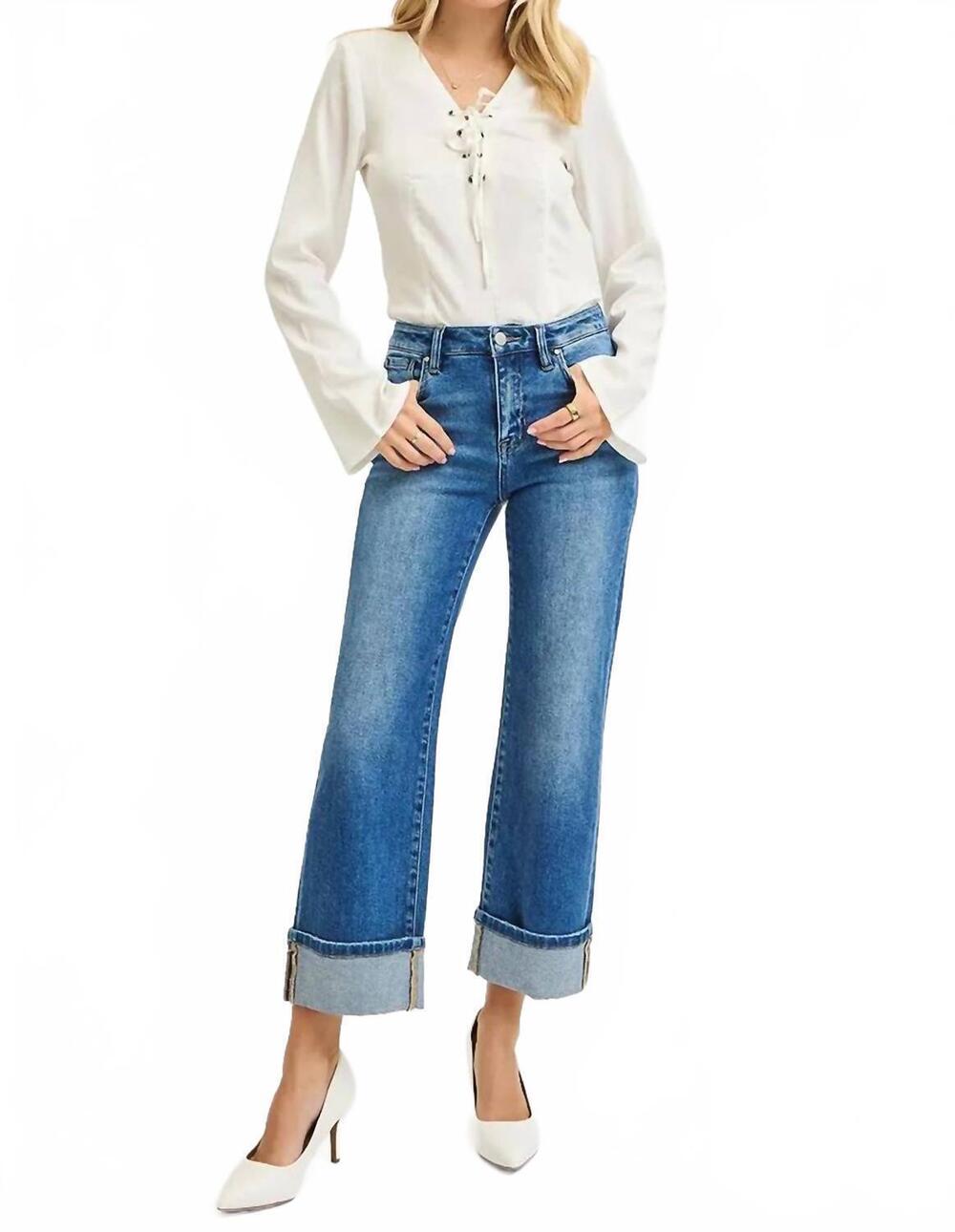 NEW RISEN tolu mid rise cropped straight cuffed jeans in medium wash